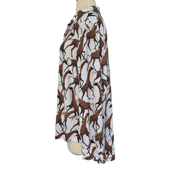 JANE + DELANCEY Giraffe Safari Button Down Long Sleeve Casual Retro Blouse Sz L - Picture 9 of 14